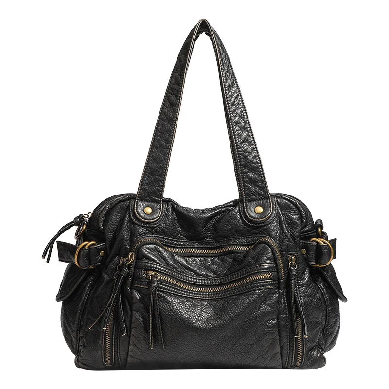 

Y2K Hot Women Shoulder Crossbody Bag Vintage Washed Genuine Leather Motorcycle Tote Bag Woman Large Capacity Multi Pocket Bag