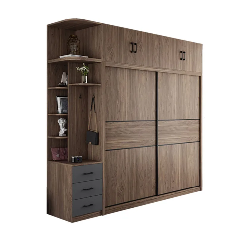 Household bedroom Nordic wardrobe, wooden overall sliding door cabinet combination modern simple sliding door wardrobe