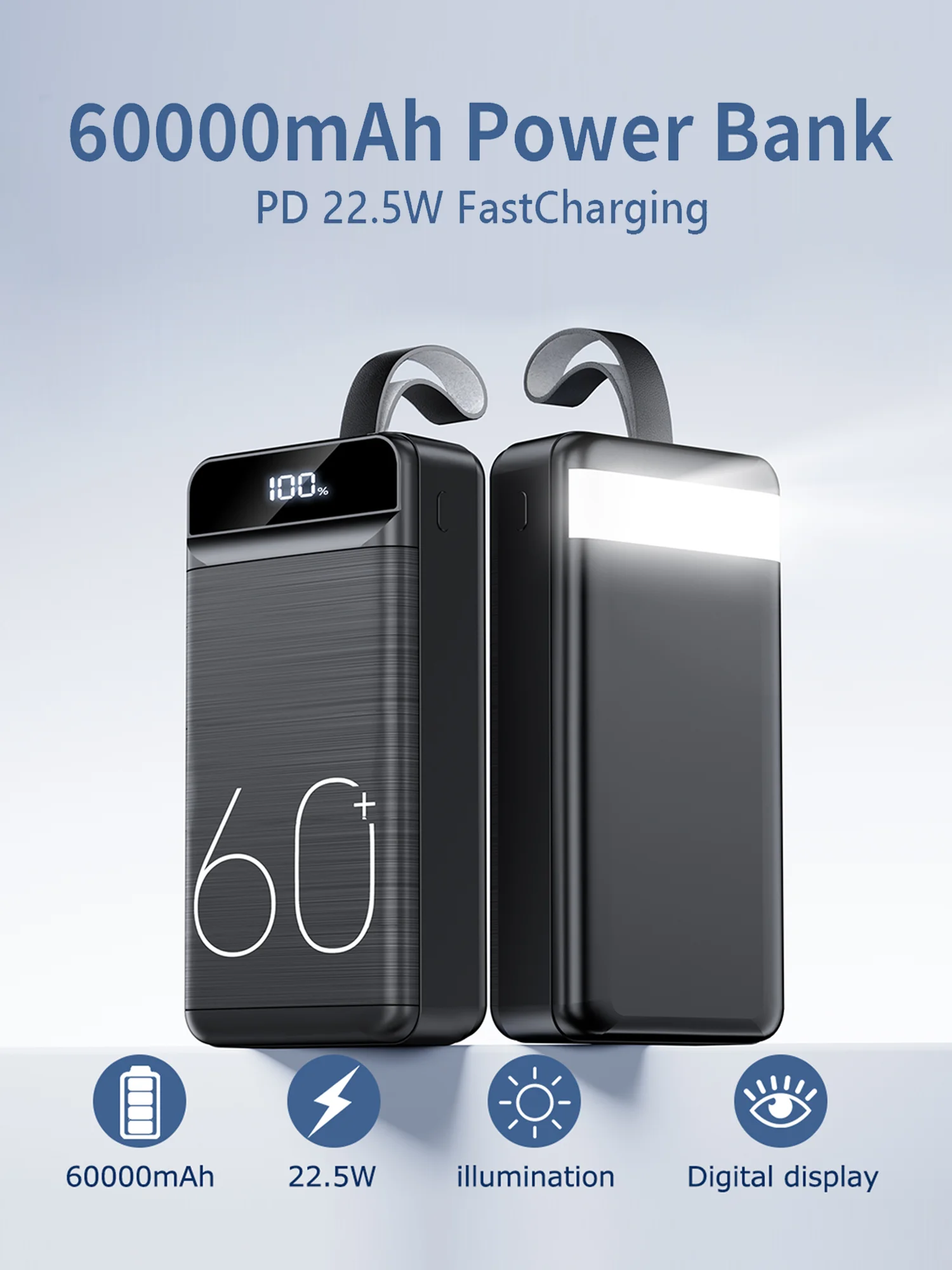 Hganus Externer Akku 22,5W 60000mAh Powerbank QC PD3.0 Schnellladung, Große Kapazität, mit Taschenlampe, für iPhone 17, Xiaomi, Samsung, Outdoor-Nutzung