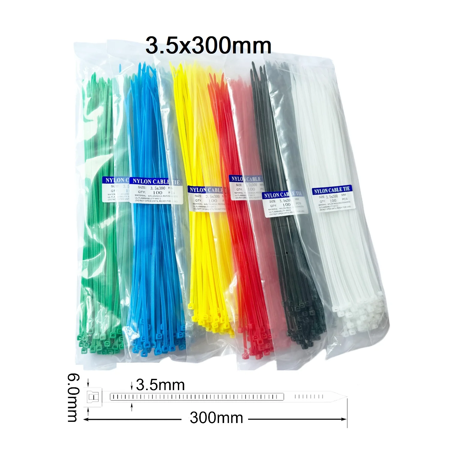 100Pcs/lot 3.5mm x 300mm Cable Tie Self-Locking Plastic Nylon Tie Fastening Ring Zip Wraps Strap Tie Red Green Yellow Blue