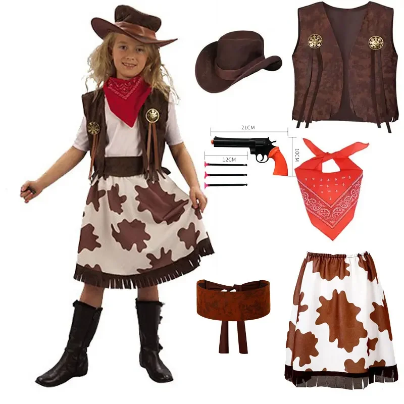 Girls Cowgirl Costume Set With Hat Vest Bandana Skirts Belts Waistcoats Halloween Costume For School Party Cosplay