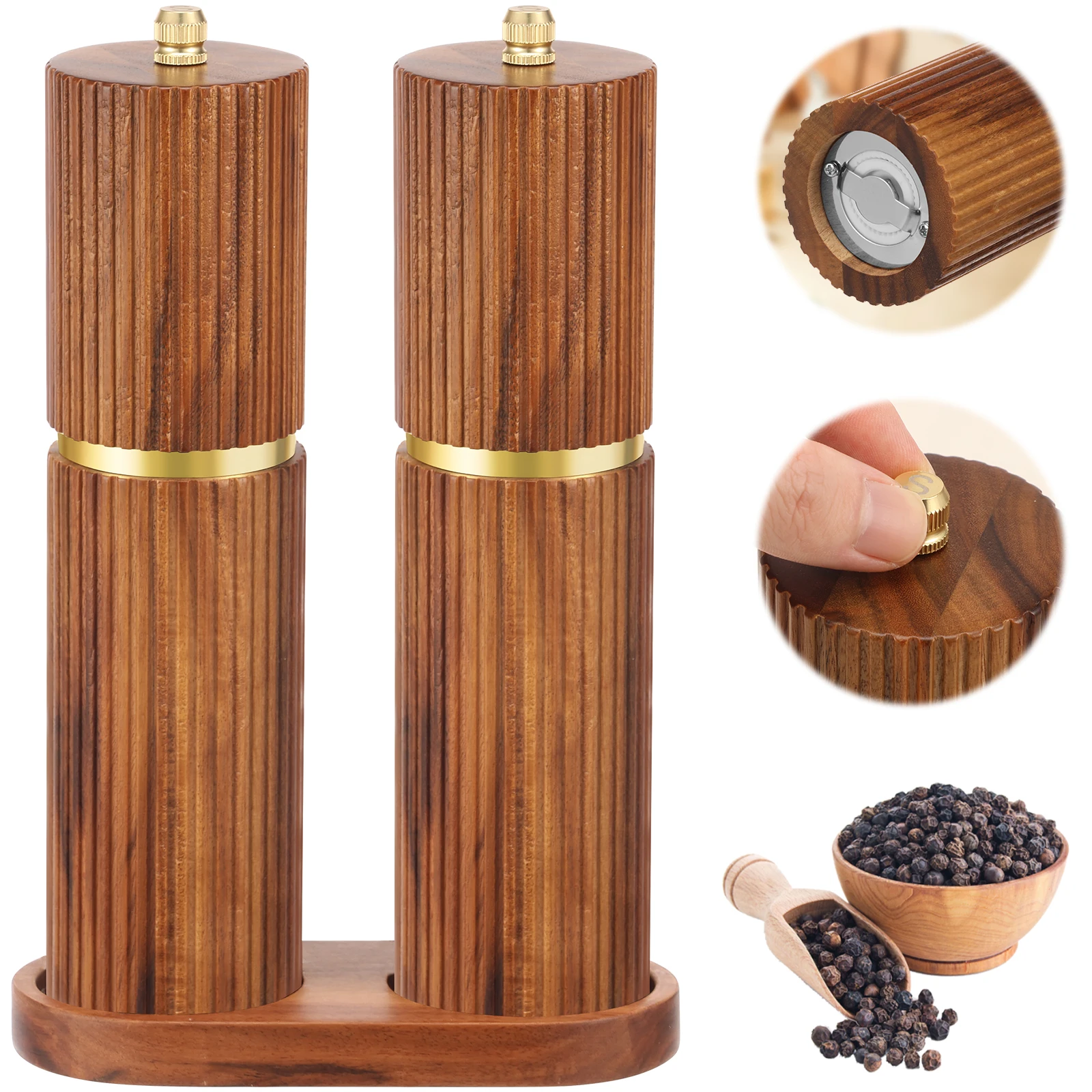

Salt and Pepper Grinder Set Wooden Manual Salt Pepper Grinder with Tray Adjustable Coarseness Pepper Mill Set for Kitchen Gadget