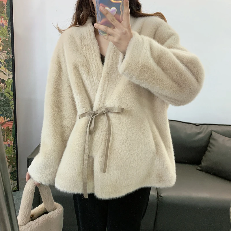 Winter Outfits for Women V-Neck Lace-Up Bathrobe Faux Fur Coat Loose Fashion Medium to Long Coffee/White/Apricot Mink Fur Jacket