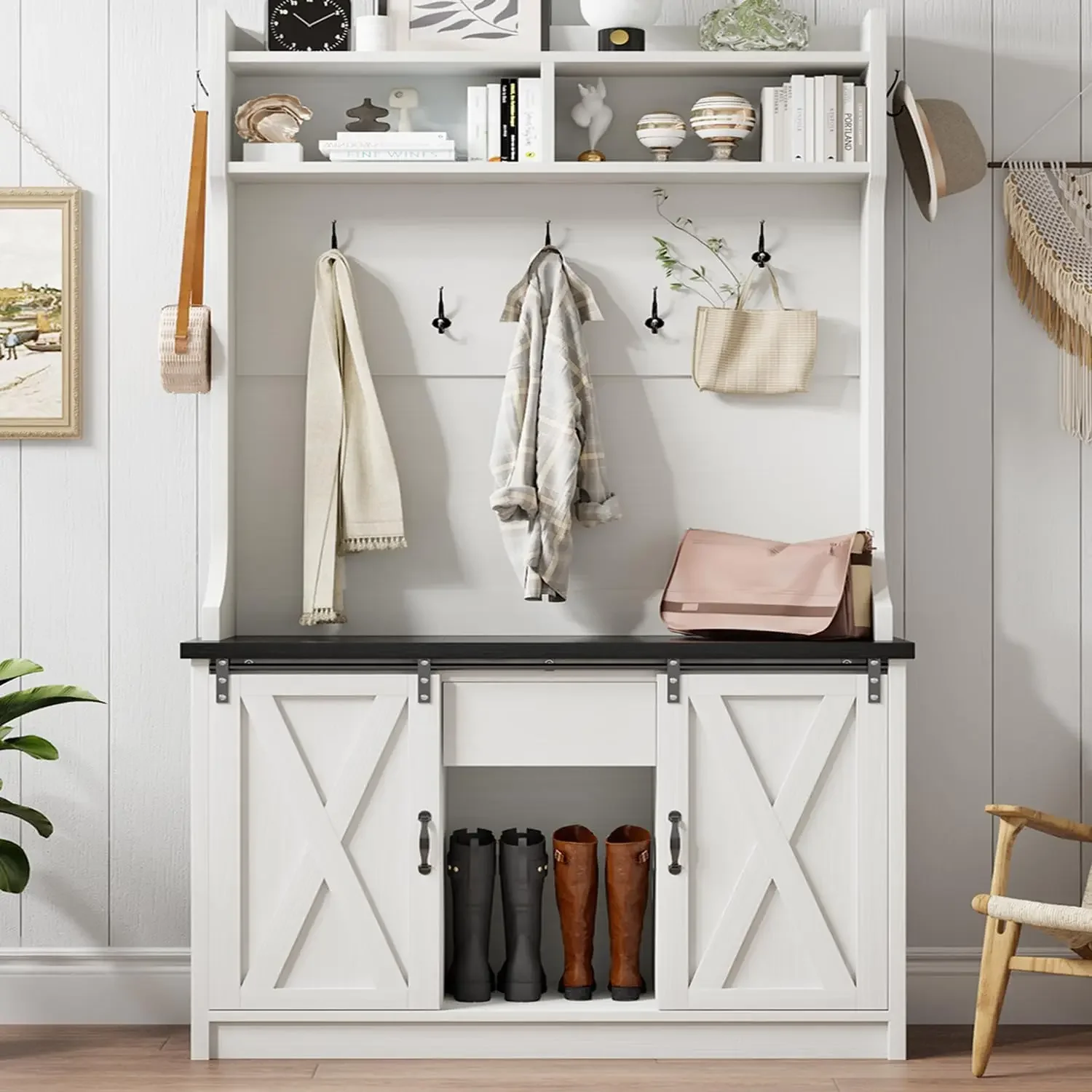 White Hall Tree with Storage Drawer, Tall Hall Tree with Sliding Barn Doors, Shoe and Coat Rack