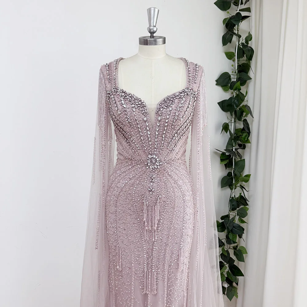 Elegant Pink Mermaid Beads Evening Dress for Women with Cape Sleeves 2025 V Neck Long Formal Prom Wedding Party Gown Customized