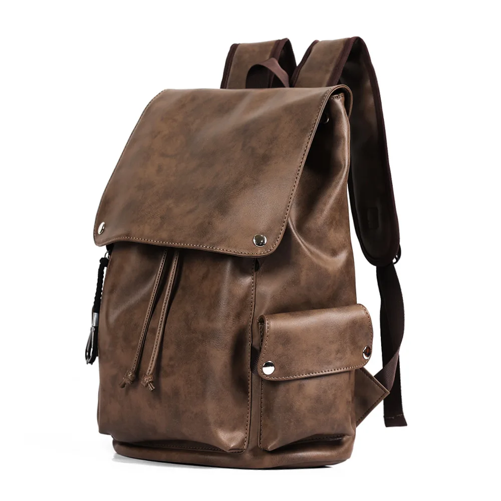 Vintage PU Leather Backpack Men Drawstring Flap Rucksack Large Capacity Casual Travel Daypack School Laptop Backpack
