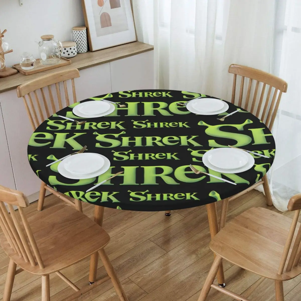 Round Oilproof Disney Shrek Logo Table Cover Fitted American Animation Cartoon Table Cloth Backing Edge Tablecloth for Dining