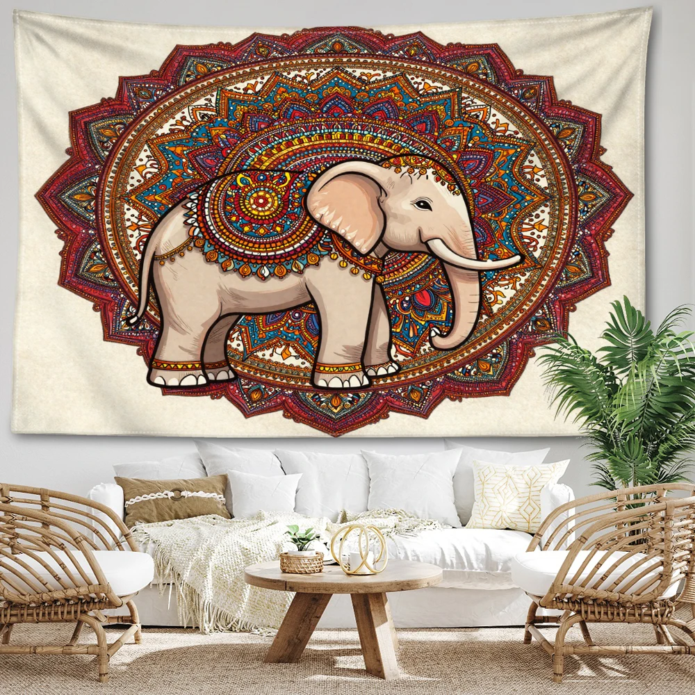 Ivory Elephant Mandala Printed Tapestry Wall Hanging Bohemian Style Bedroom Home Decor