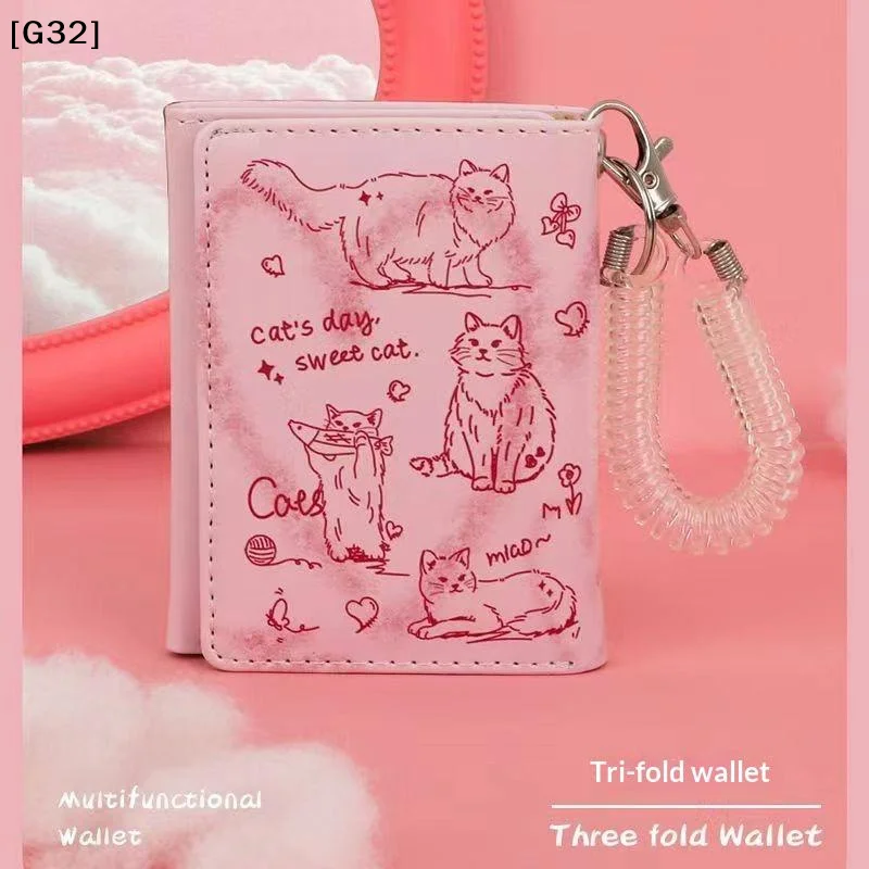 Kawaii Cat Printed Card Wallet With Multiple Card Slots And Matching Pendant Perfect For Overseas Travel Daily Use[G32]