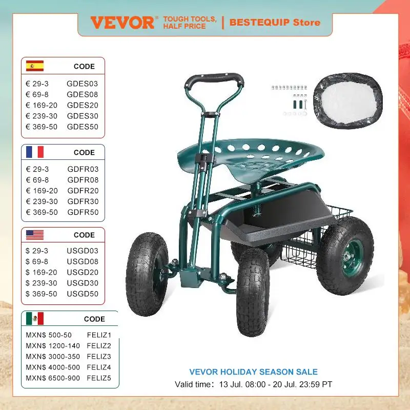 VEVOR Garden Cart Rolling Workseat with Wheels Gardening Stool for Planting 360 Degree Swivel Seat Wagon Scooter with Steering