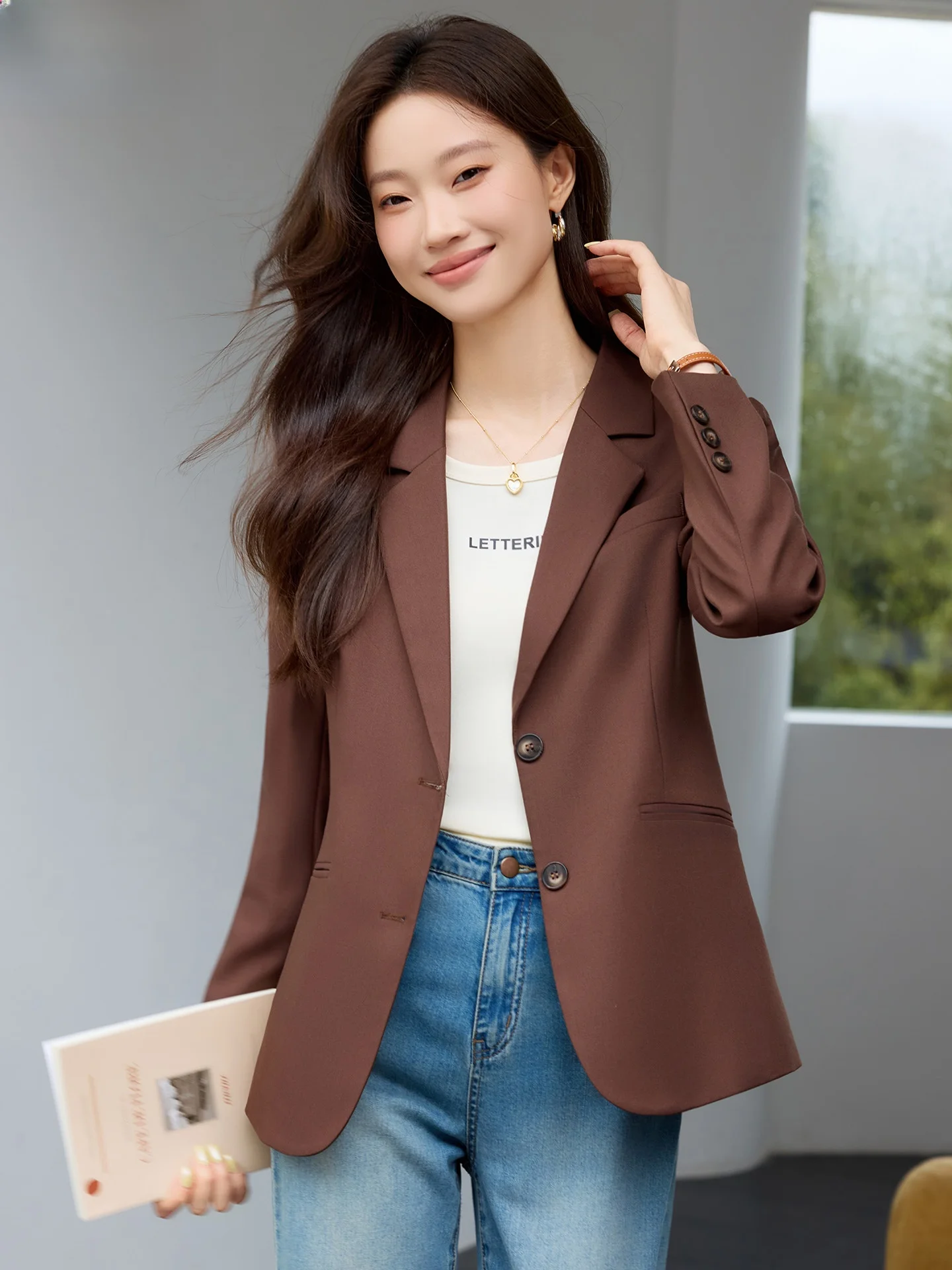 

Caramel Color Casual Women's Suit Jacket Important Occasions Short Size High-End Feeling Ladies' Autumn Top Fashionable