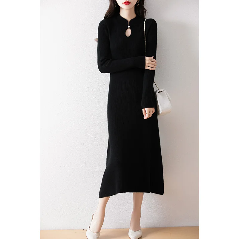 New Chinese Style Buckle 100% Wool Skirt Women\'s Autumn And Winter New Long-Sleeved Knit Dress Slim Long Slim Bottoming Dress