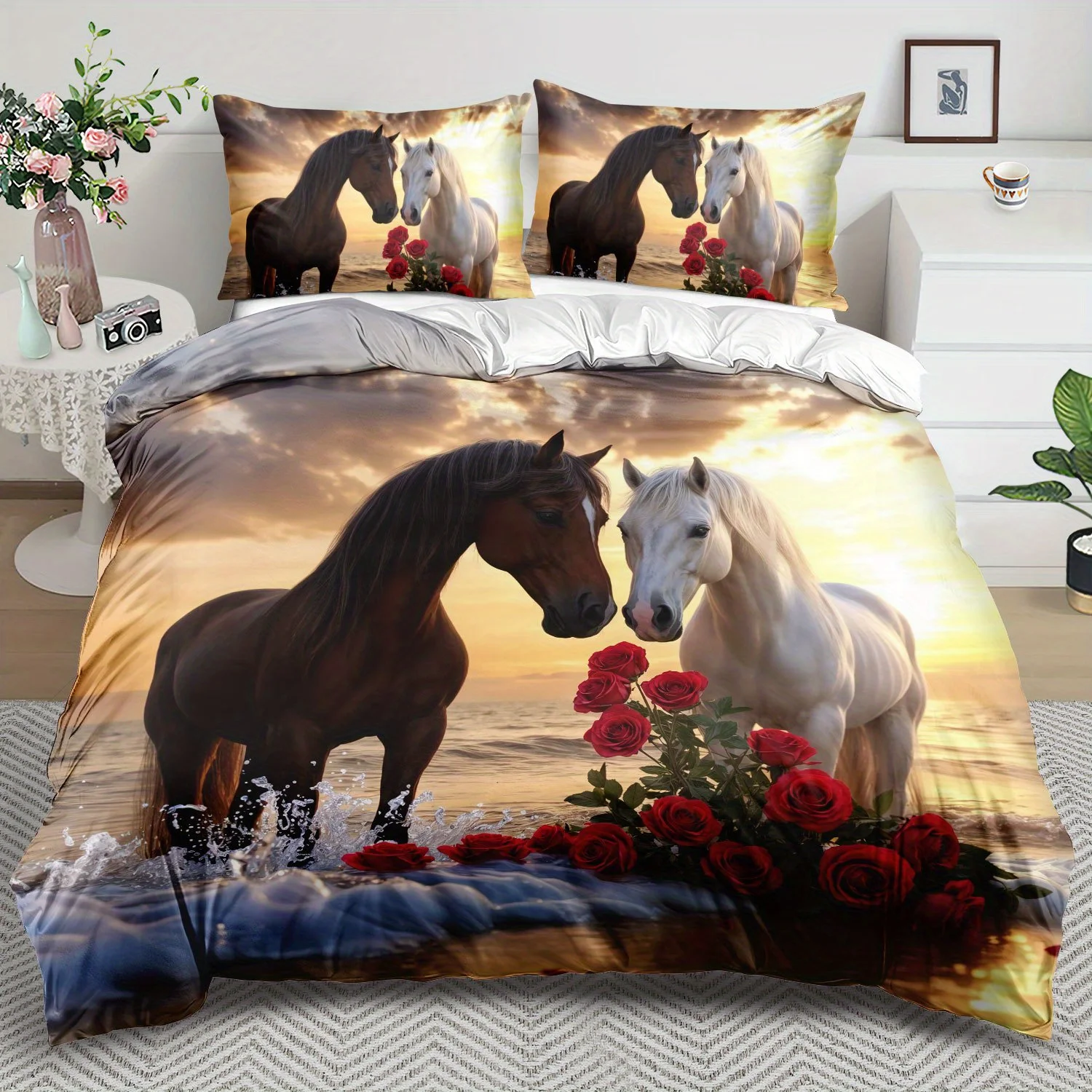 

Horse Theme Duvet Cover Set - 2/3pcs, Soft, Comfortable, and Breathable, Animal Theme Printed Bedding, Horse and Rose Pattern