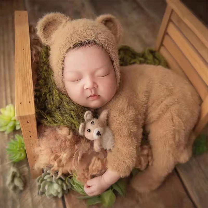 2pcs/Set Newborn Photography Props Furry Bear Rompers Jumpsuit Hat Infant Boy Girl Photo Clothing Baby Costumes Accessories