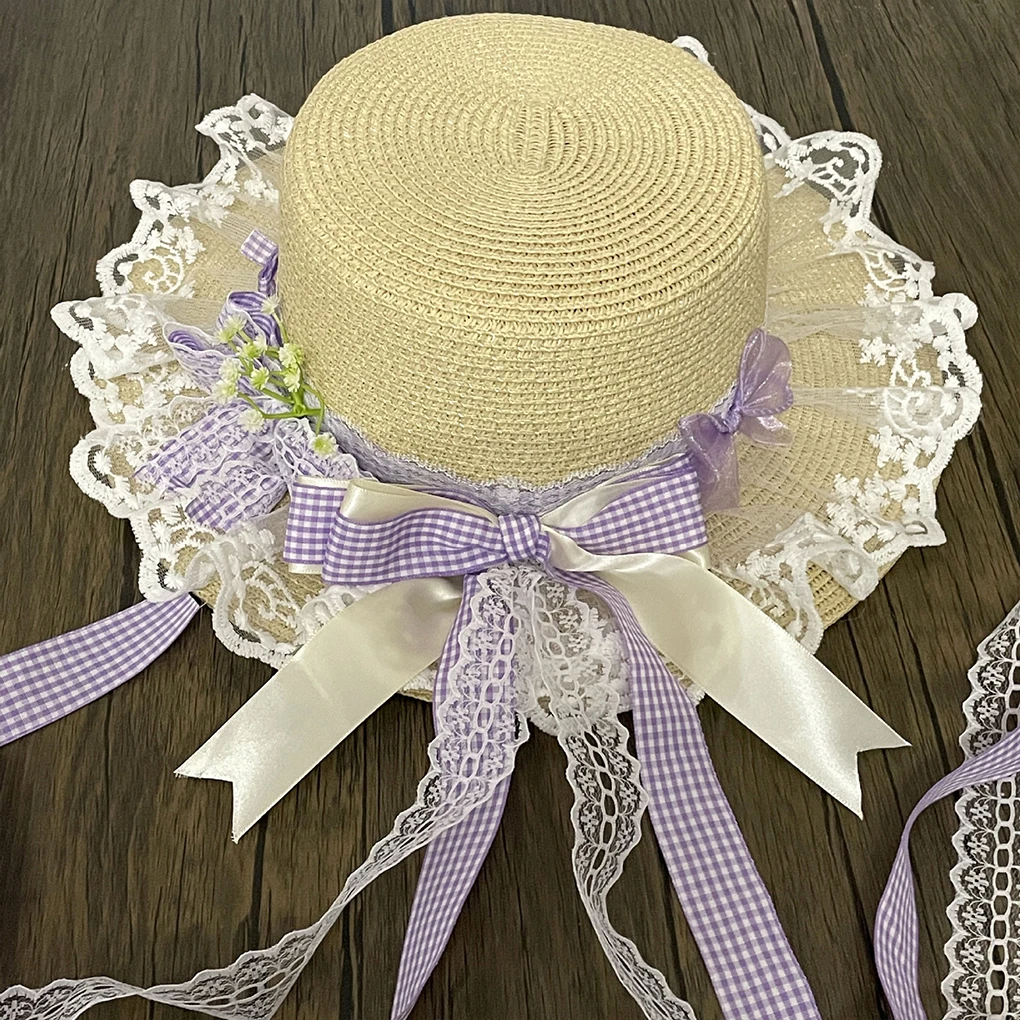 

Harajuku Women Girls Summer Straw Hats Beach Sun Hat Sweet Lolita Princess Lace Bow Ribbon Straw Hat Ladies Sunhat Handmade