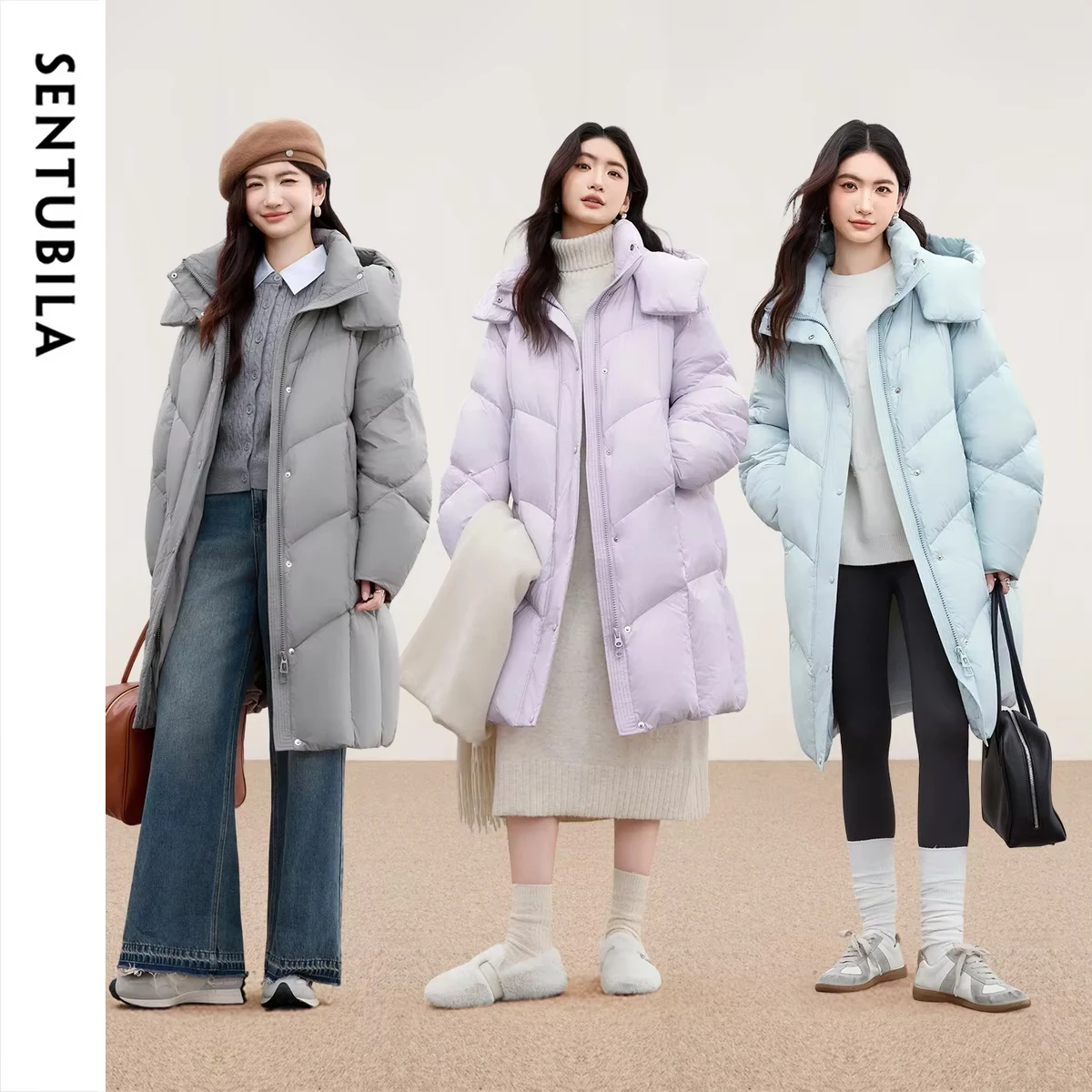 SENTUBILA Women's Winter Down Jacket 2026 New Hooded Windproof Long Women's Down Coat Lightweight Warm Outerwears W54YA8792