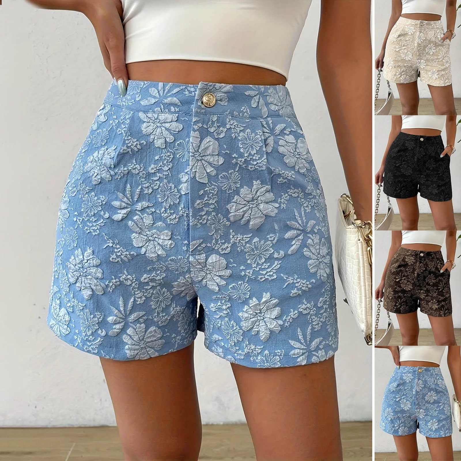 Summer Casual Pure Color Floral Embroidery Shorts Women's Long Pants Nine Points Seven Points Five Points AE Stock Origin