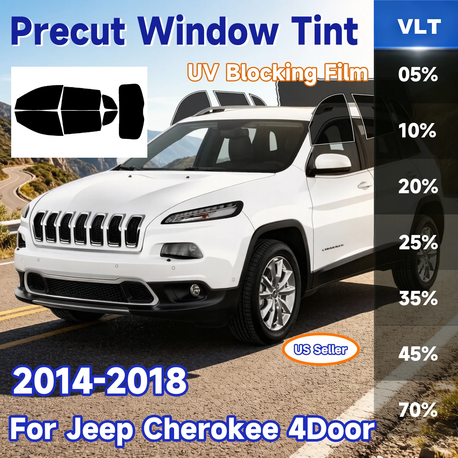Precut Car Window Tint Film for Jeep Cherokee 4‑Door 2014‑2018 2‑Ply UV Heat & Glare Blocking Privacy Window Protector Shade