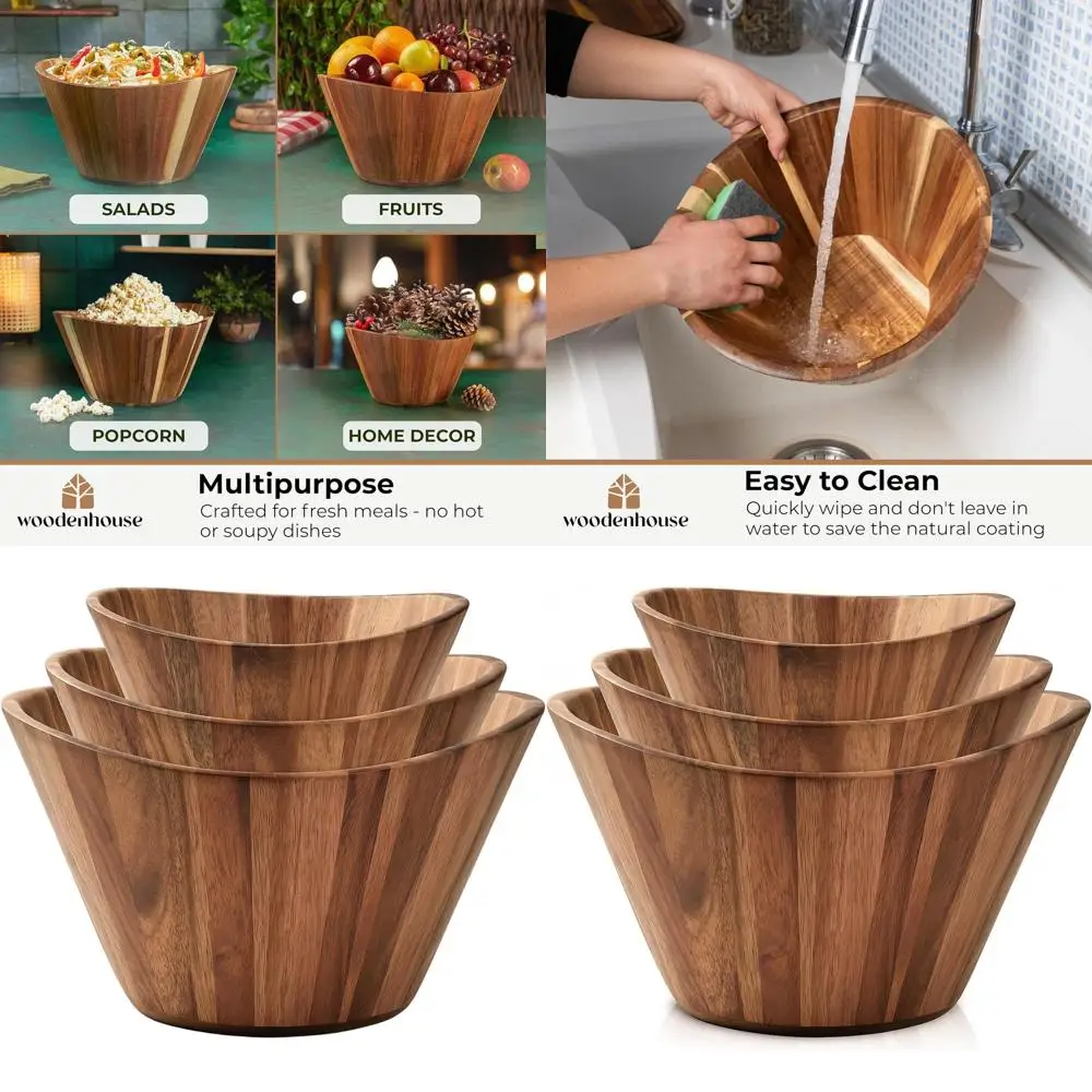 

Набор из 3 деревянных салатниц с волнистым дизайном – ручная работа, прочные аксессуары для сервировки из натурального дерева