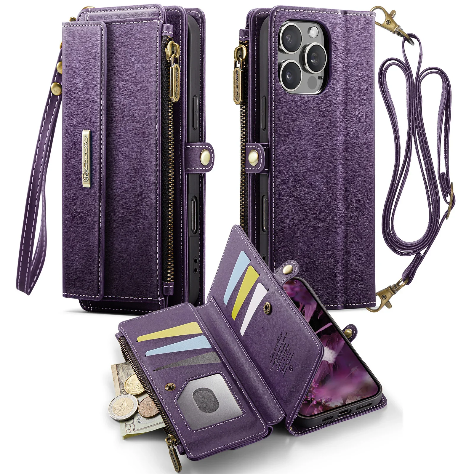 Capa carteira para iphone 16 pro max 16 plus 16e, capa de telefone com bloqueio rfid, capa flip com alça de pulso, suporte para cartão de crédito, slots