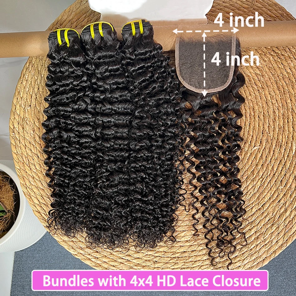 

Deep Curly Human Hair Bundles With 4x4 5x5 13x4 HD Closure Frontal Preplucked Bleached Knots 100% Human Hair Weave Extensions