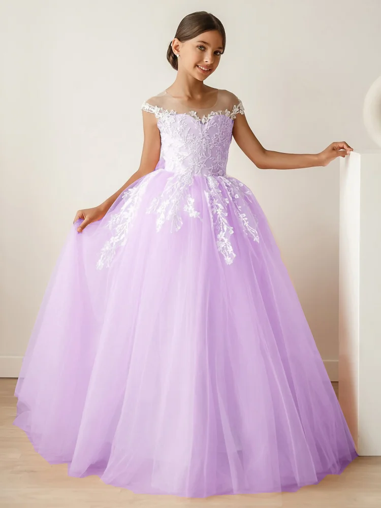 Vestido tule rosa com padrão de flor para meninas, vestidos tule com arco, sem mangas, para casamento, festa de aniversário, primeira comunhão