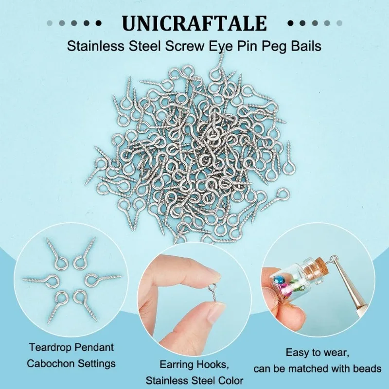 500pcs Mini Stainless Steel Screw Eye Pin Bail Pegs 10mm Long Small Screw Eye Pins Clasps Hooks Eye Screws Metal Pin