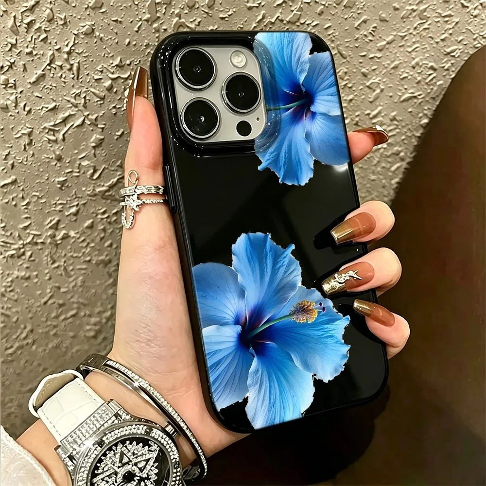 Глянцевый черный чехол для телефона с цветком гибискуса для iPhone 17, 16, 15, 14 Plus, 13, 12, 11 Pro MAX, 17 Air, синий чехол с цветочным узором гибискуса