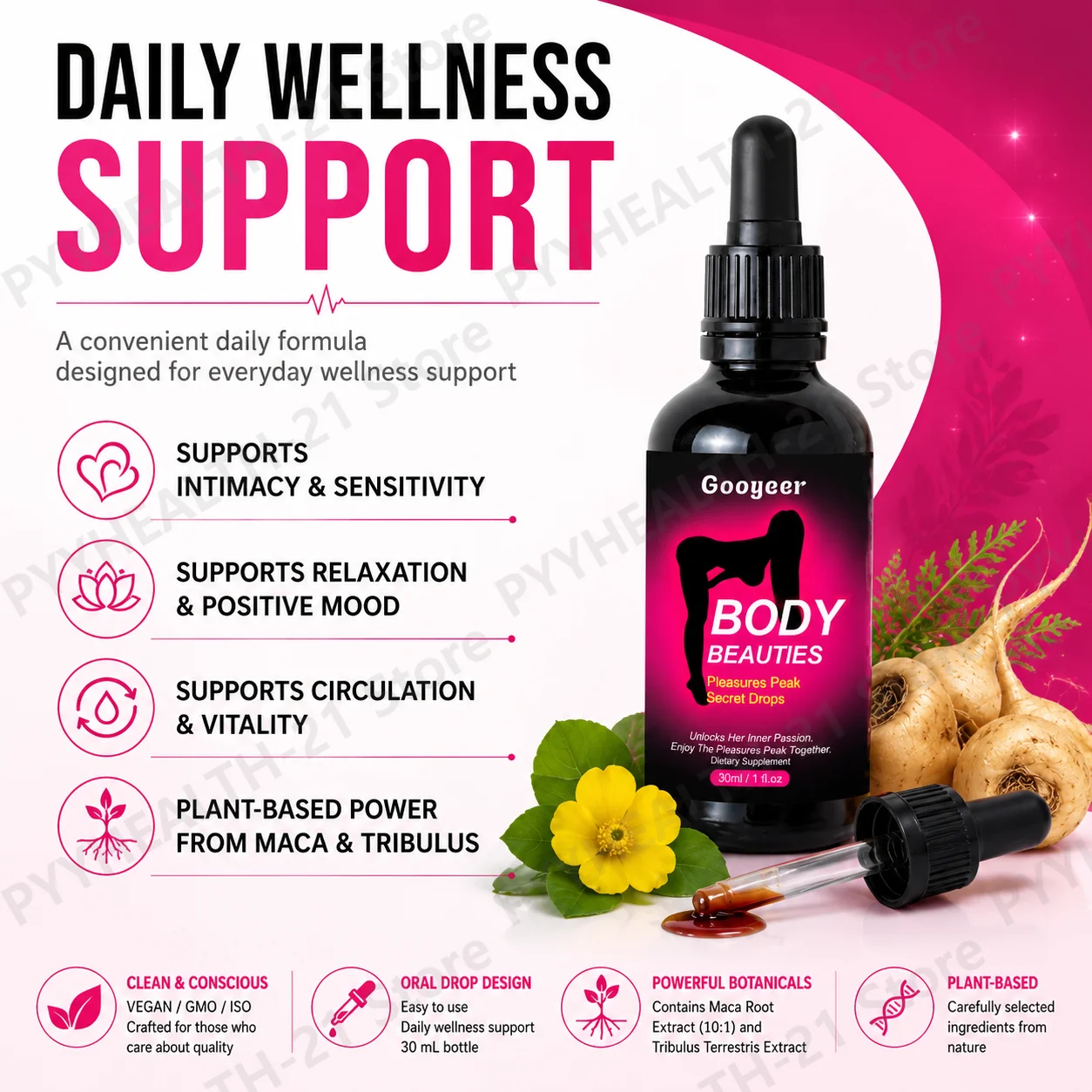 Googeer Pleasures Peak Secret Drops Supports Intimacy Relaxation Positive Mood Circulation Vitality Maca Tribulus 30ml Adults