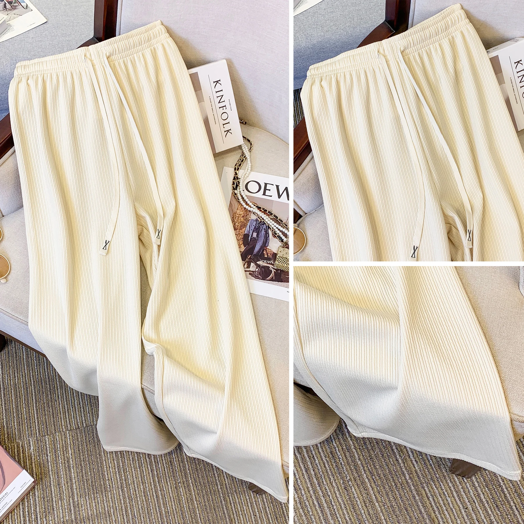 Calça feminina de cordão com elástico na cintura alta, plus size, branca, preta, rosa, tamanho grande, nova chegada, outono 2022