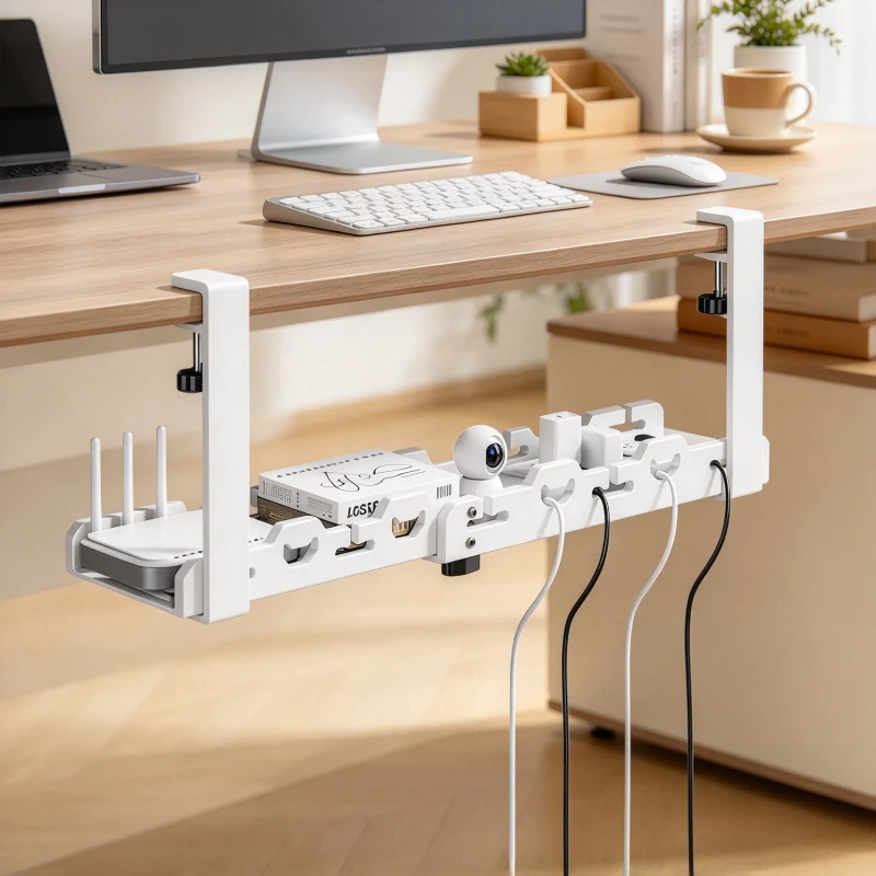 Under Desk Cable Tray No Drill Power Strip Organizer White Carbon Steel Mesh Rack Ventilated Rust Resistant Finish for Office