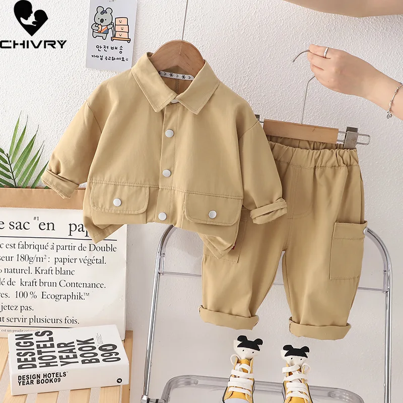 

New 2023 Kids Baby Spring Autumn Fashion Solid Lapel Long Sleeve Pocket Jacket Tops with Pants Boys Casual Clothing Sets