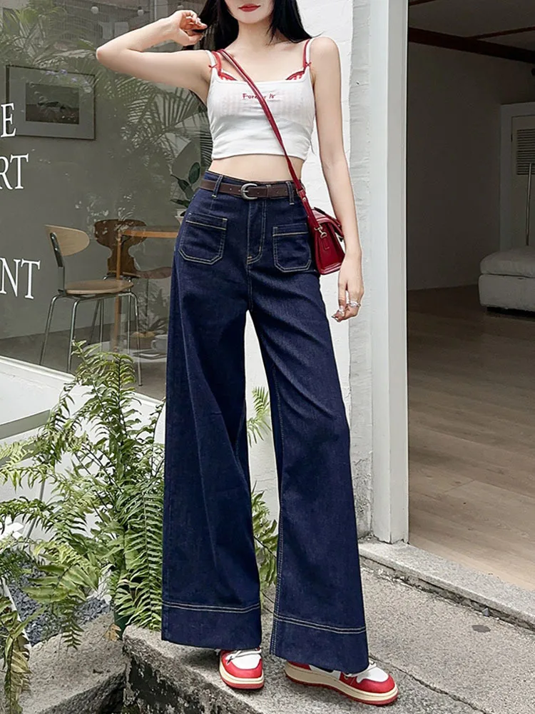 

Jeans for Women Pockets Vintage Washed Casual Denim Pant 2024 Summer New Streetwear Female High Waist Loose Jeans