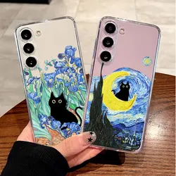 Retro Oil Painting Van-Gogh Cat Phone Case for Samsung Galaxy S25 S24 S23 S22 S21 S20 Ultra Plus FE Clear Soft TPU Cover Fundas