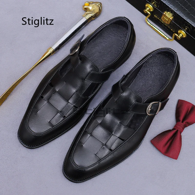 

Retro Men's Leather Sandals Summer Hollow Roman Business Genuine Leather Buckle Strap Breathable Comfortable Casual Beach Shoes