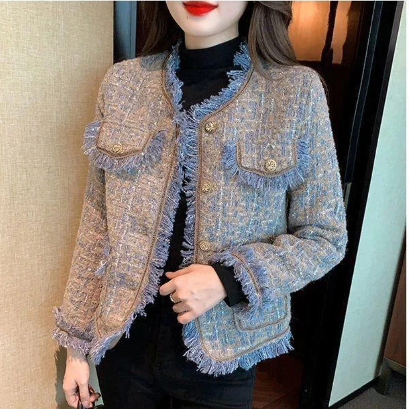 

Spring Fall Women Blue Patchwork TasselTweed Jacket Coat , 2023 Autumn Elegant Woman V Neck Slim Pocket Short Coats