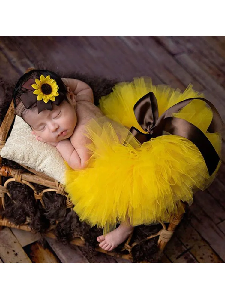 Baby Photography Unique Sunflower Design Adorable Newborn\'s Outfit Chinese Tutu Bow Skirt Flower Headdress for 0-1month