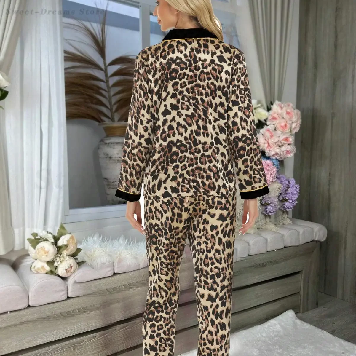 Spring Summer Pajamas Suit Lounge Wear Women's Loose Satin Home Clothes Sleepwear Printed Long Sleeve Shirt&Trouser Nightwear 5