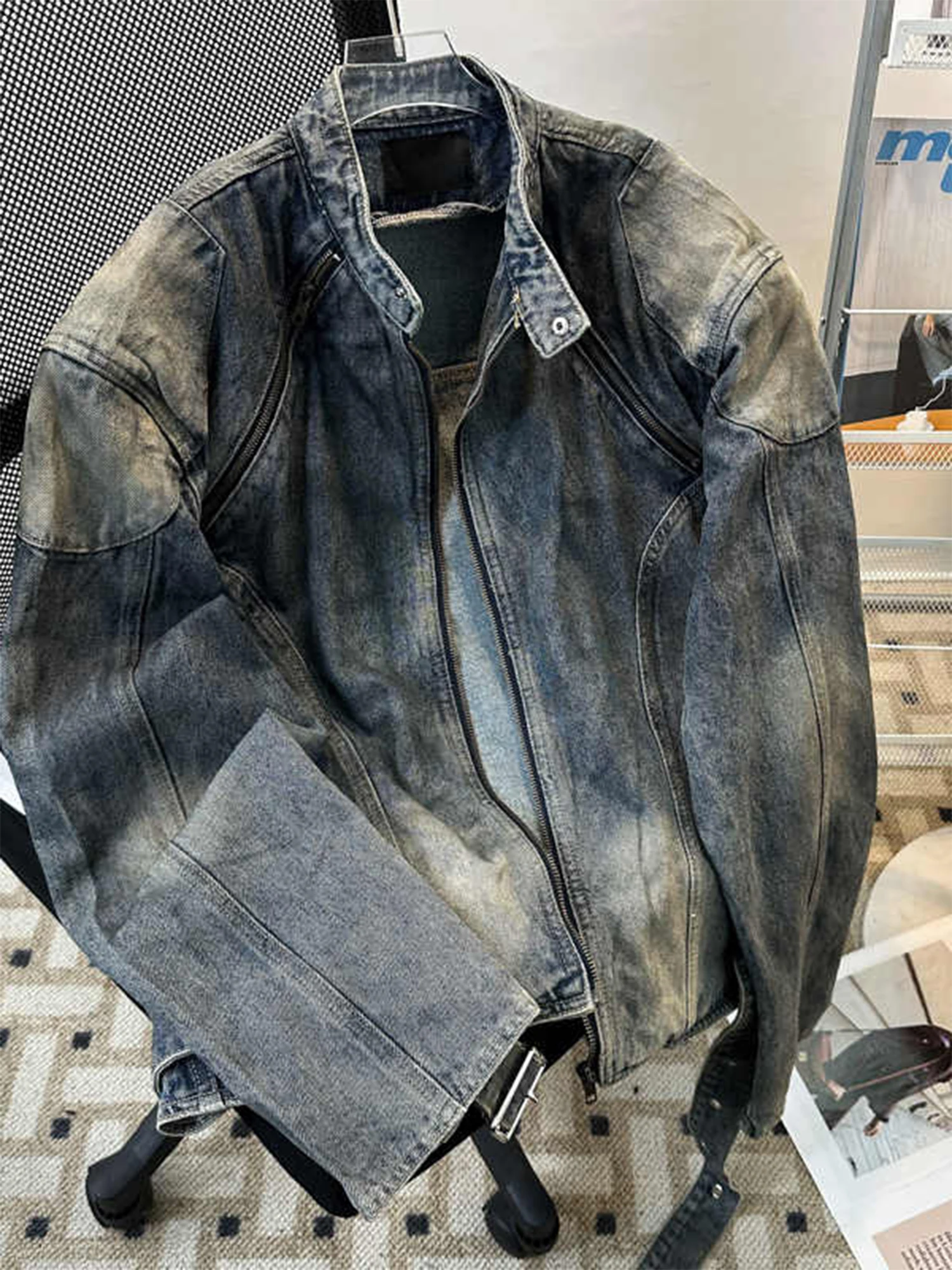 Women Blue Oversize Denim Jacket 2000s Vintage Long Sleeve Zippers Jean Jacket Harajuku Korean 90s Distressed Outerwear Top 2025