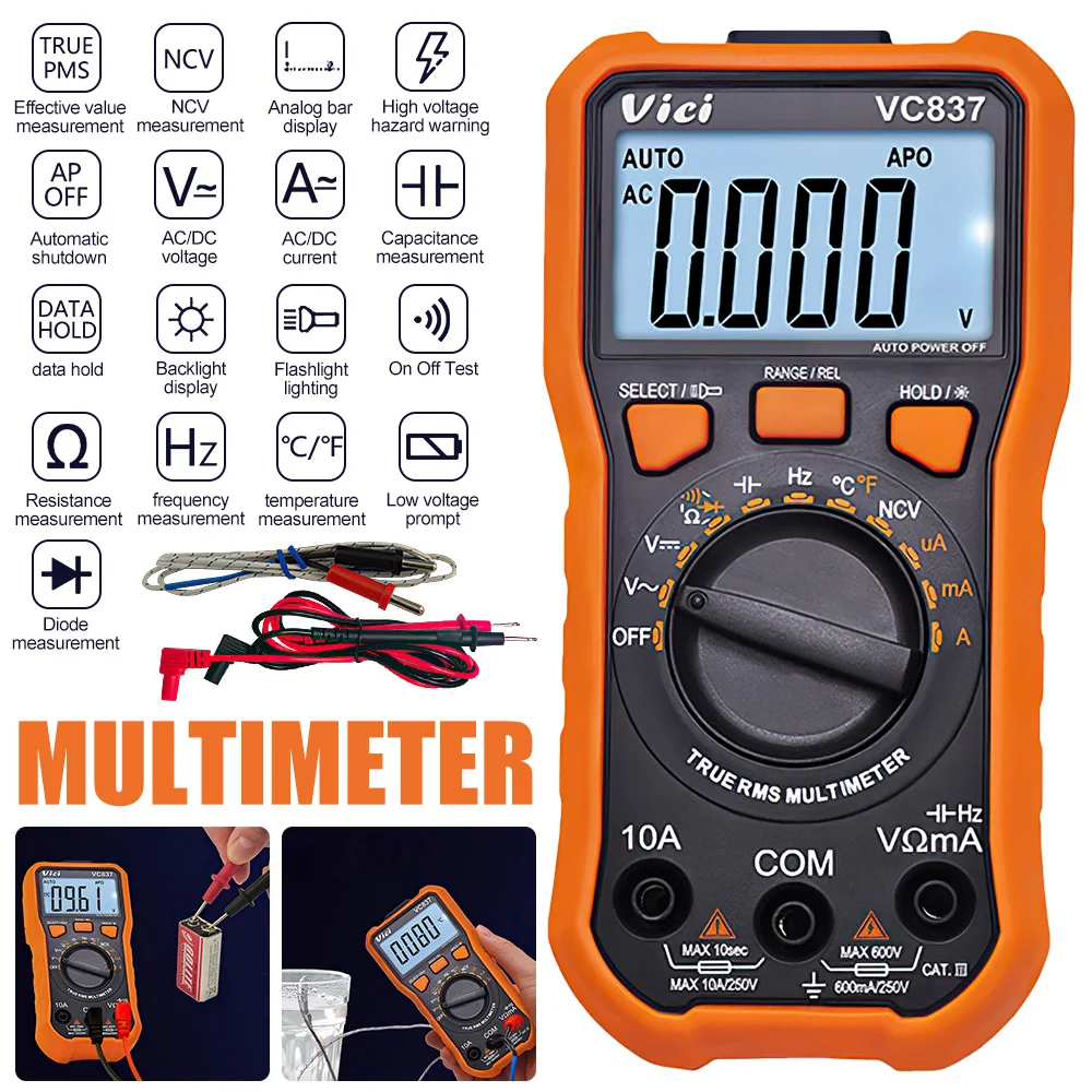 LCD Digital Multimeter TRMS 6000 Counts Auto Ranging AC DC Voltage NVC Current Diode Freguency Temperature Meter Tester