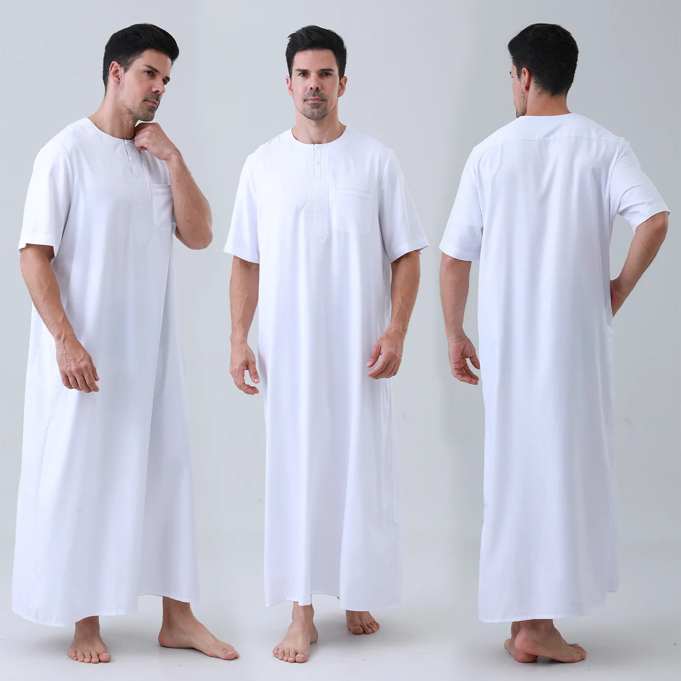 Jubah Muslim Lelaki Lengan Pendek Putih - close-up view