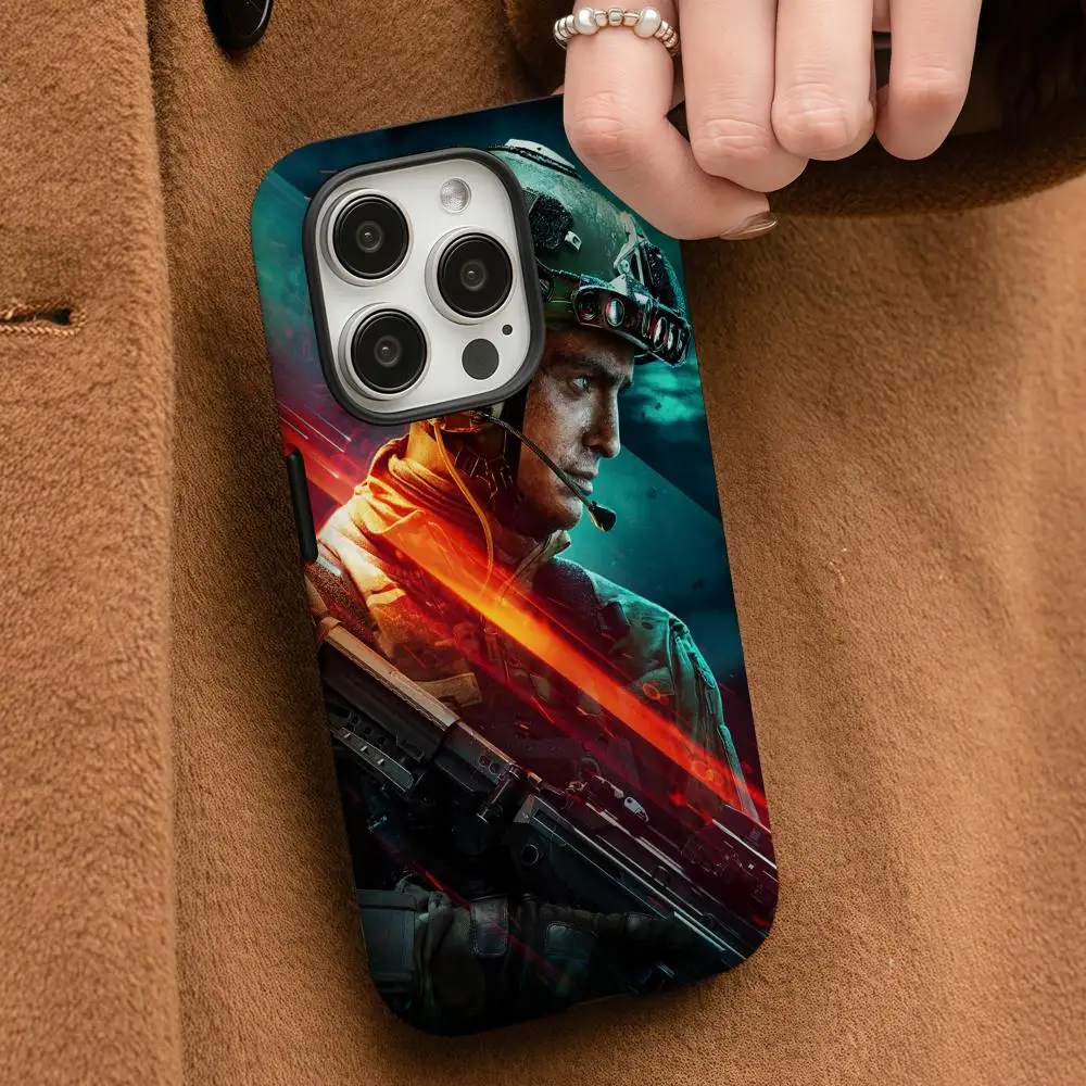 Game Battlefields 2042 funda de teléfono para iPhone 16 15 14 13 12 11 Pro Max Plus brillante HD película trasera líquida de doble capa carcasa dura