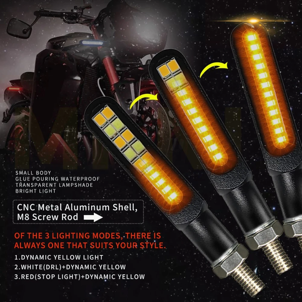 Universal Motorcycle LED Dynamic Turn Signal Light White Daytime Running Light High Brightness Red Flashing Stop Brake Indicator