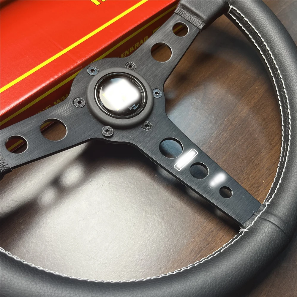 Car modified universal leather flat steering wheel 14inch/340mm For MOMO Prototipo Style pu Leather Racing Sport Steering Whee