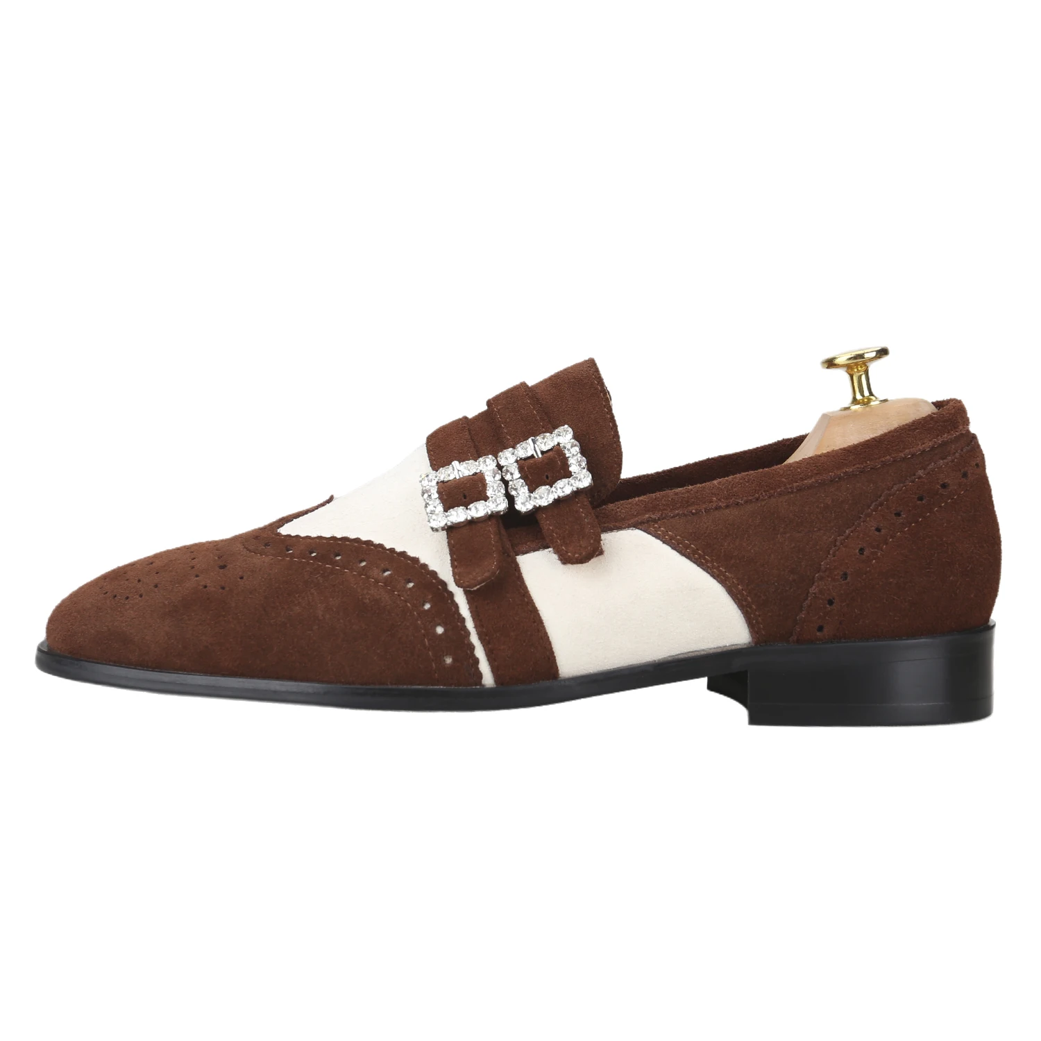 Piergitar Handcrafted Suede Patchwork Double-Monk Belgian Loafers With Crystals Button For Party Formal Attire Men Casual Shoes