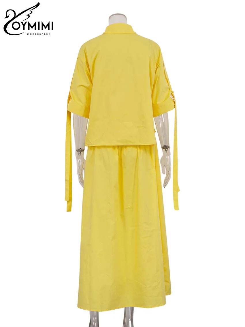 Oymimi Casual Yellow Cotton Sets Womens 2 Piece Fashion Loose Half Sleeve Shirts And High Waisted Pleated Mid-Calf Skirts Sets