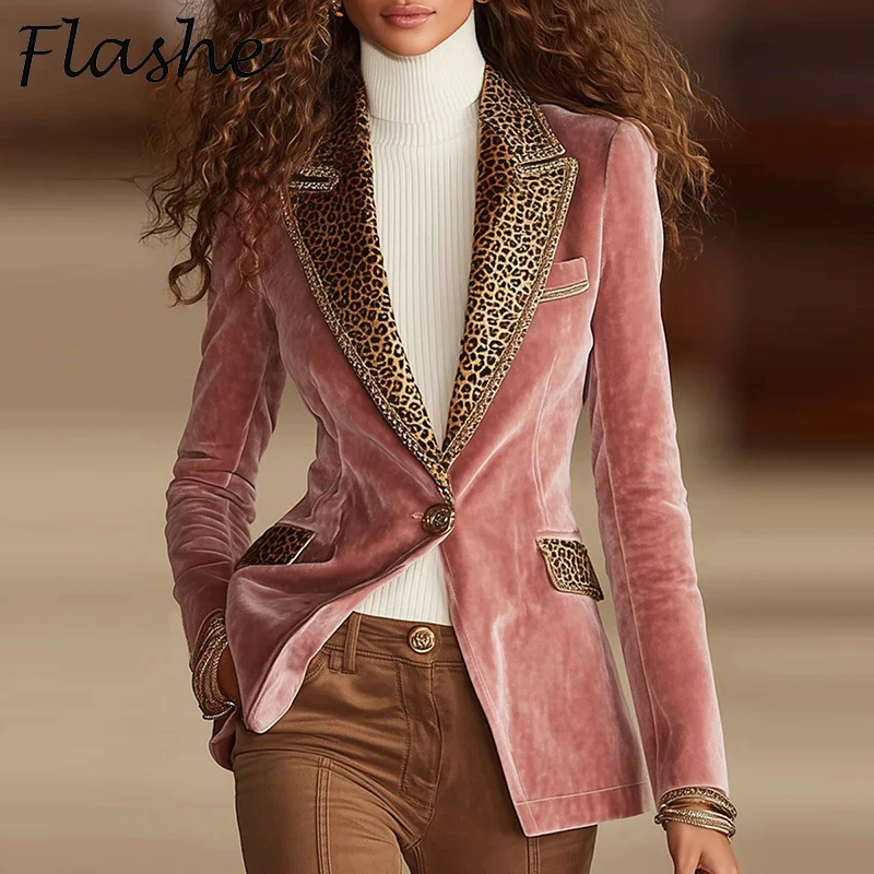 

Autumn Winter Turn Down Collar Leopard Printed Velvet Jackets For Women Blazers Fashion Long Sleeve Outerwear Female Office Coat