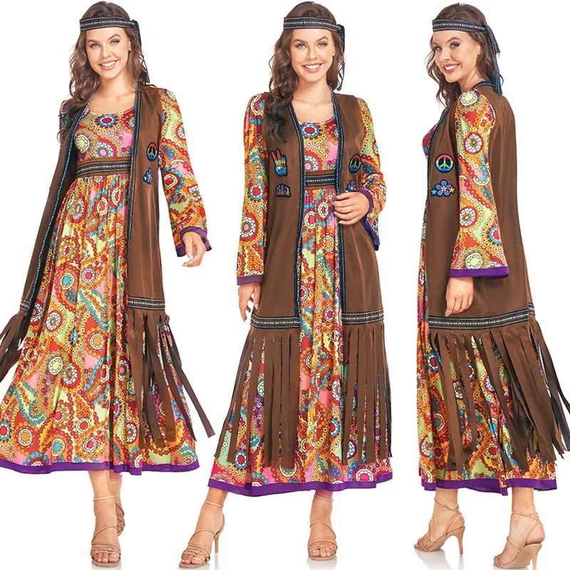 Women's 1960s Hippie Costumes Vintage Disco Carnival Ballroom Performance Dresses Fancy Dress + Vest + Headband 3 Piece Set