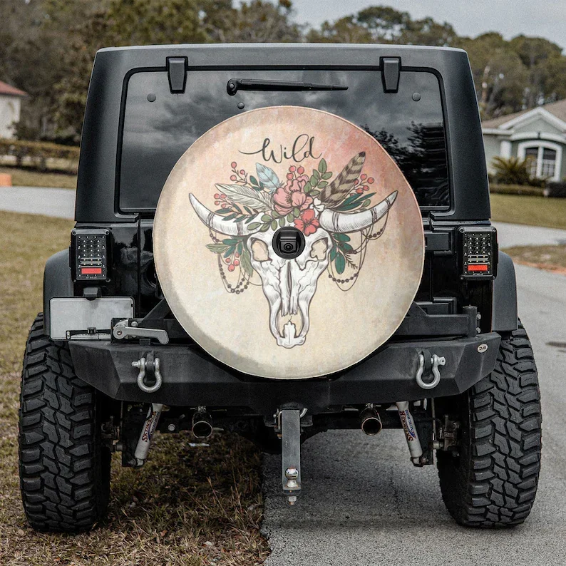 Wild Skull Boho Father's Day Gift, American Day, Camping Truck Tire Cover, Spare Tire Cover For Car, Personalized Camper Tire Co