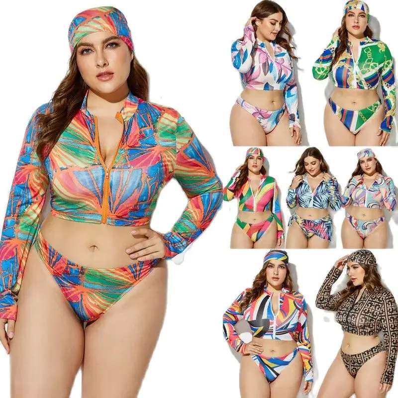 

Plus Size Women Swimwear Set with New Print Triangle Bikini Headband Tie Waist Sexy Three-Piece Suit Bathing Suit Women Monokini